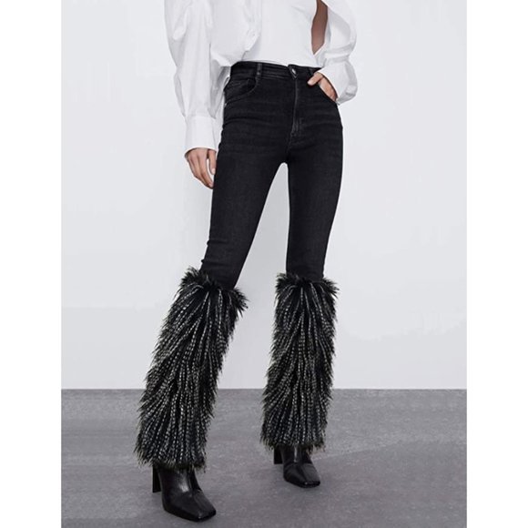 Tall Black & White Fuzzy Faux Fur Long Feather Cuff Boot Covers Leg Warmer Socks - Picture 2 of 6